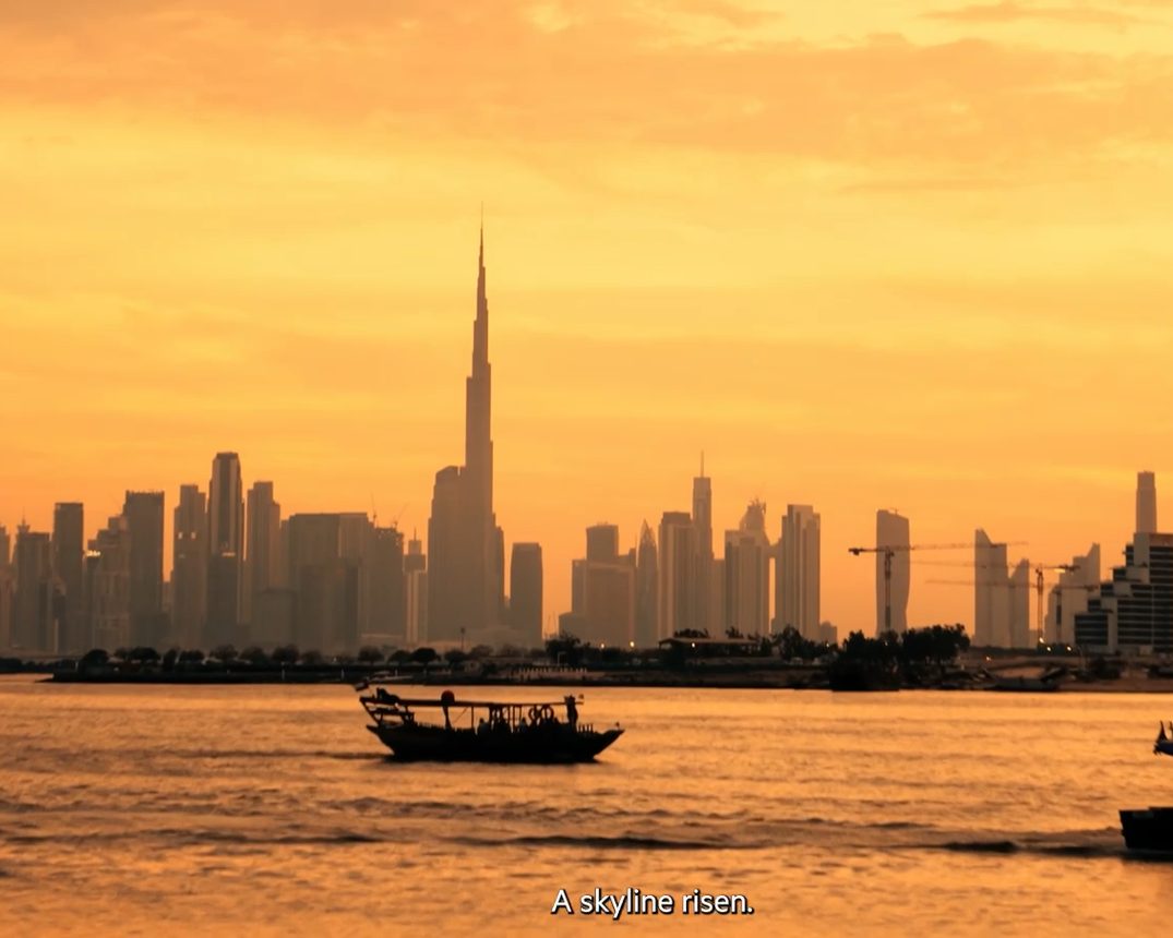 Dubai skyline across the creek at sunset, a frame from our LWK + Partners film